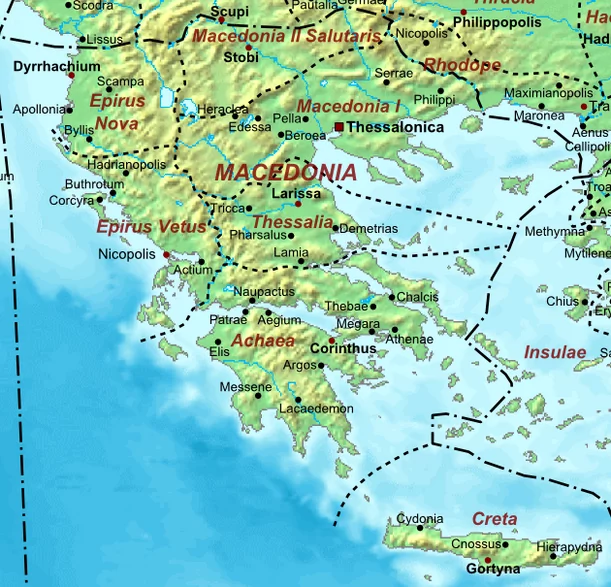 Epirus vetus i Epirus nova wśród prowincji macedońskich ok. 400 n.e. fot. Wikipedia